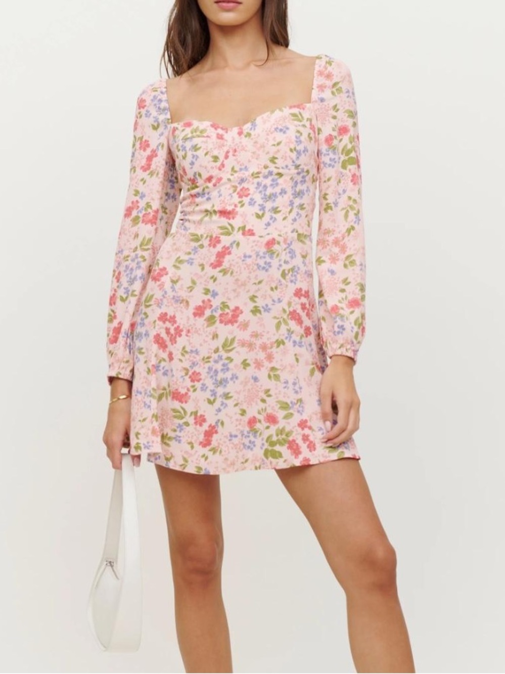 Reformation Mochi Mini Dress Size 2 Pink Floral Puff Sleeve Sweetheart Neck